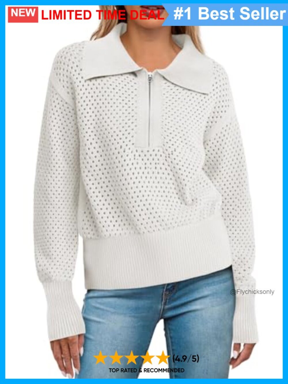 Crochet Knit Half Zip Pullover Sweater Long Sleeve Collared V Neck